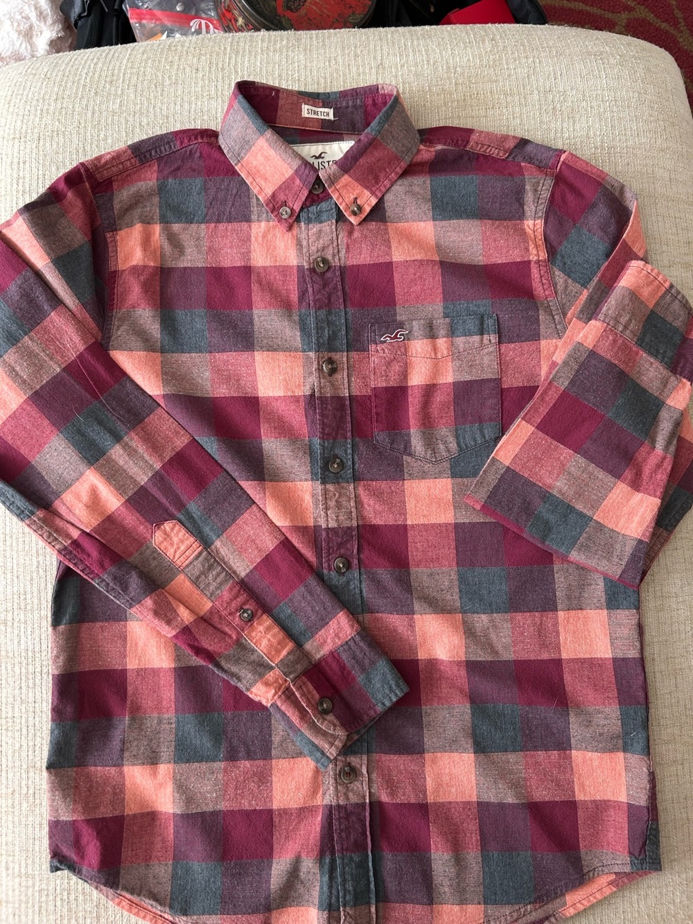 Hollister Men's Button-Down Plaid Shirt in Maroon, Coral & Gray
